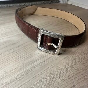 Brighton Brown Croc Embossed Leather Silver Buckle‎ Belt Size 32 Women 45107